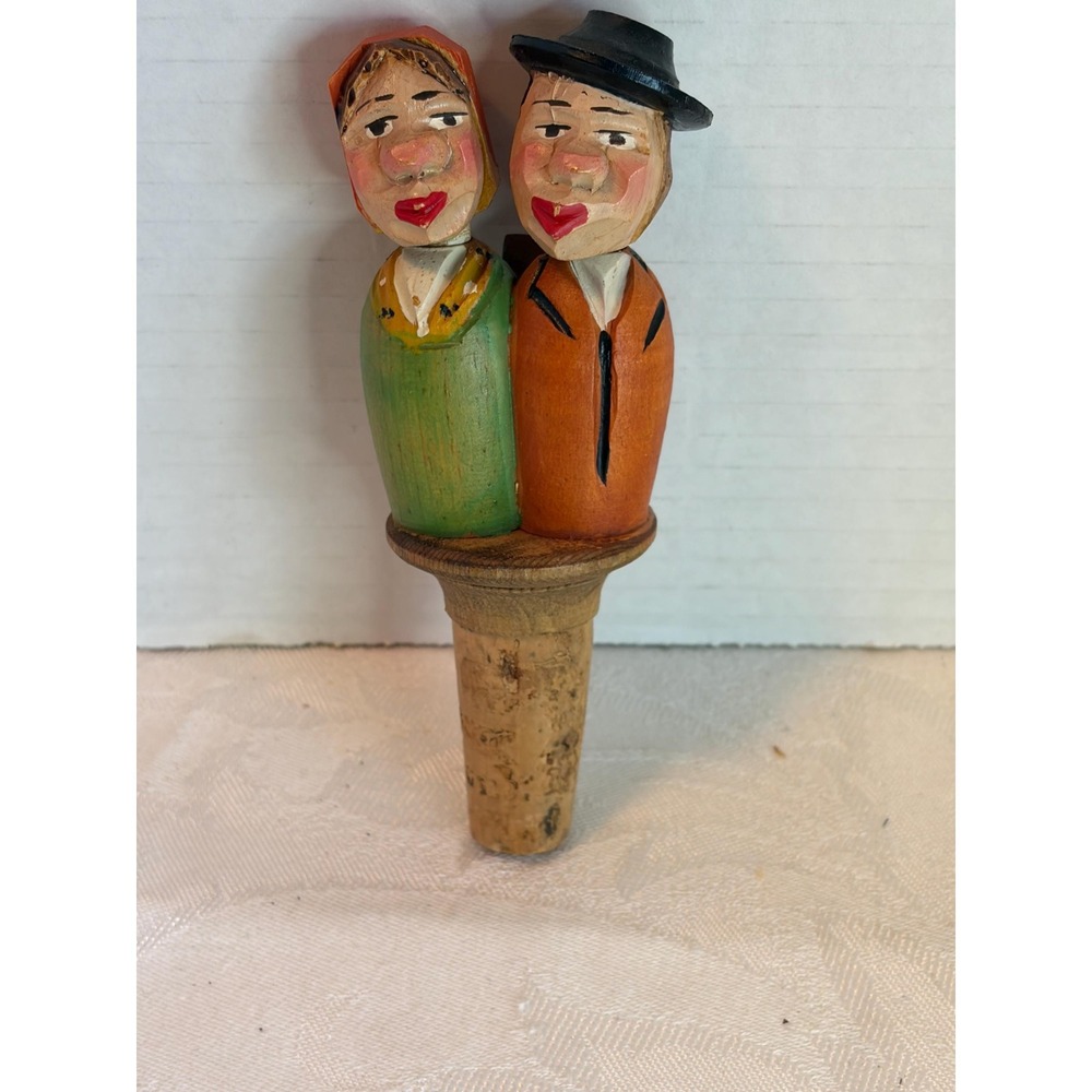 Vintage Hand Carved Wood Mechanical Couple Bottle Stopper  Italian Folk Art